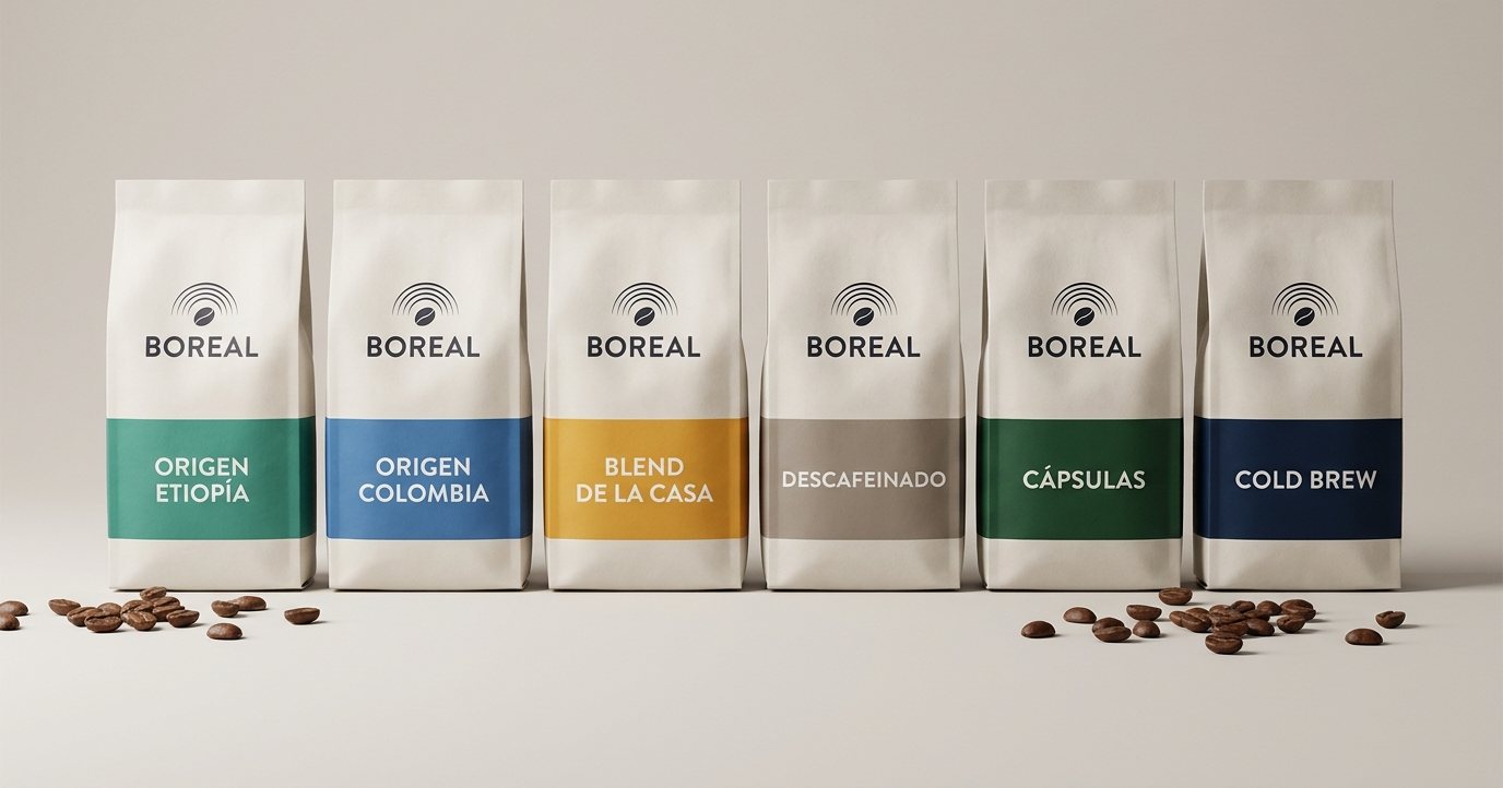 Las seis referencias de la gama Boreal: Origen Etiopía, Origen Colombia, Blend de la Casa, Descafeinado, Cápsulas y Cold Brew
